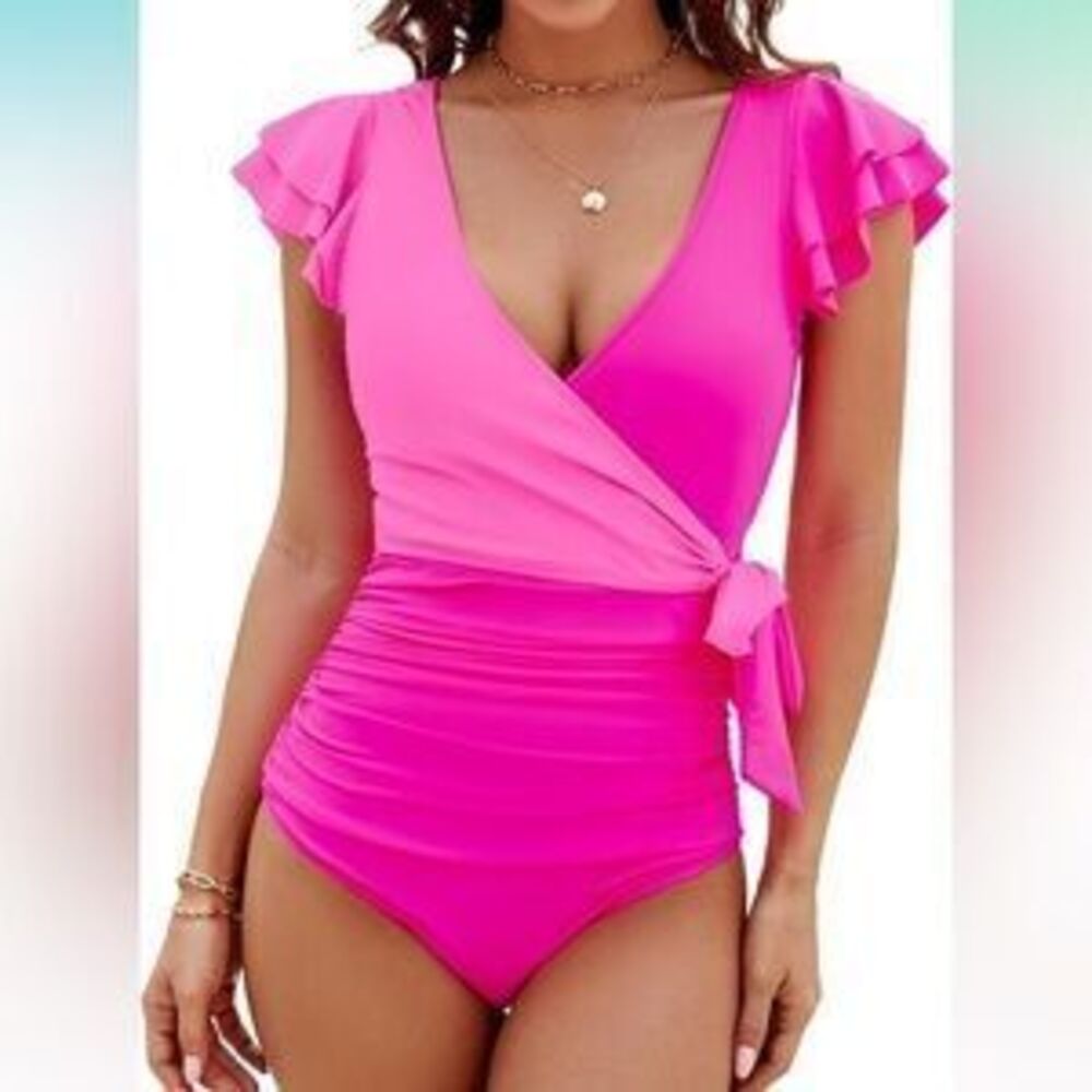 Tummy Control Slimming One Piece Bathing Suit Ruffle Wrap V Neck Swimwear